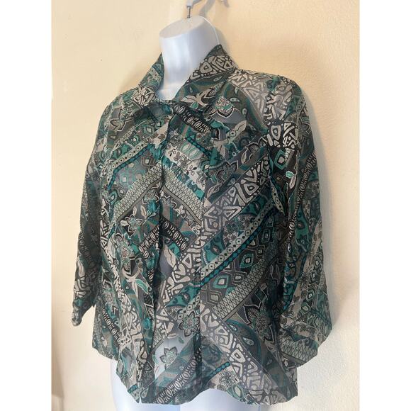 Erin London women's size Small sheer button-up blouse Teal-Black-ETC boho style - Picture 2 of 12